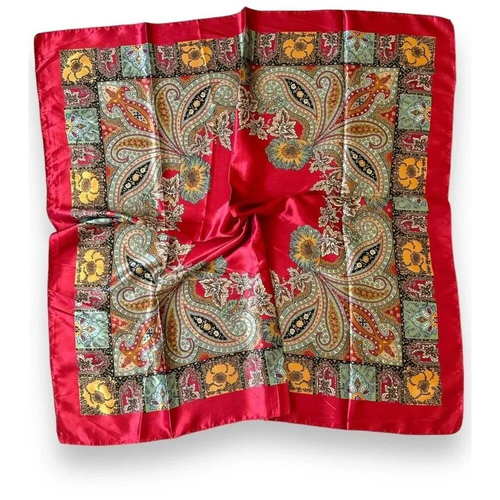 Red Bandana Scarf With Yellow Floral Unisex Vtg Headscarf Tied 35” X 35” Scarve